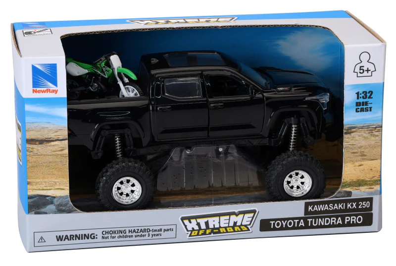 New Ray Toys Toyota Tundra Pro Lifted Truck Black with Kawasaki Dirt Bike 1:32 Scale - Image 2