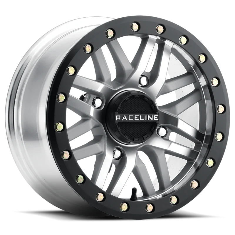 Raceline A91MA Ryno 14x7in/4x156 BP/10mm Offset/132.5mm Bore - Machined & Black Ring Beadlock Wheel