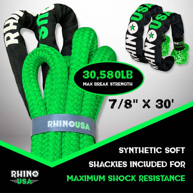 Rhino USA 7/8In X 30Ft Kinetic Rope Recovery Kit W/Soft Shackles (Green) - Image 4