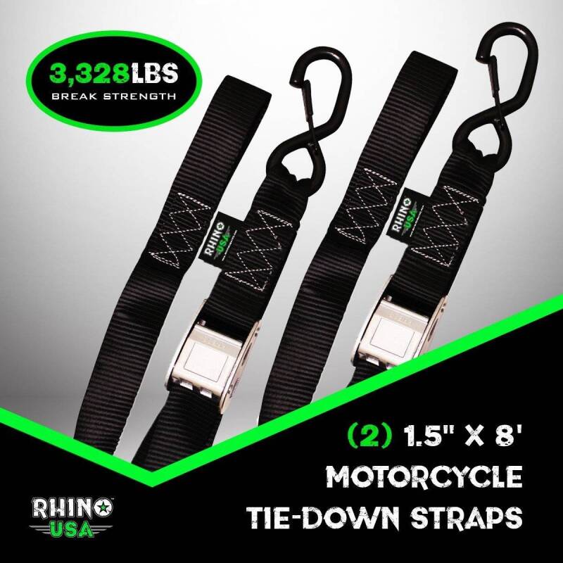 Rhino USA Cambuckle Motorcycle Tiedown Straps 2-Pack (Black) 1.5In X 8Ft - Image 3