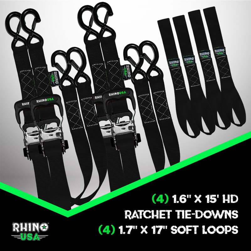 Rhino USA Heavy Duty Ratchet Tie-Down 4-Pack Black 1.6In X 15Ft - Image 3