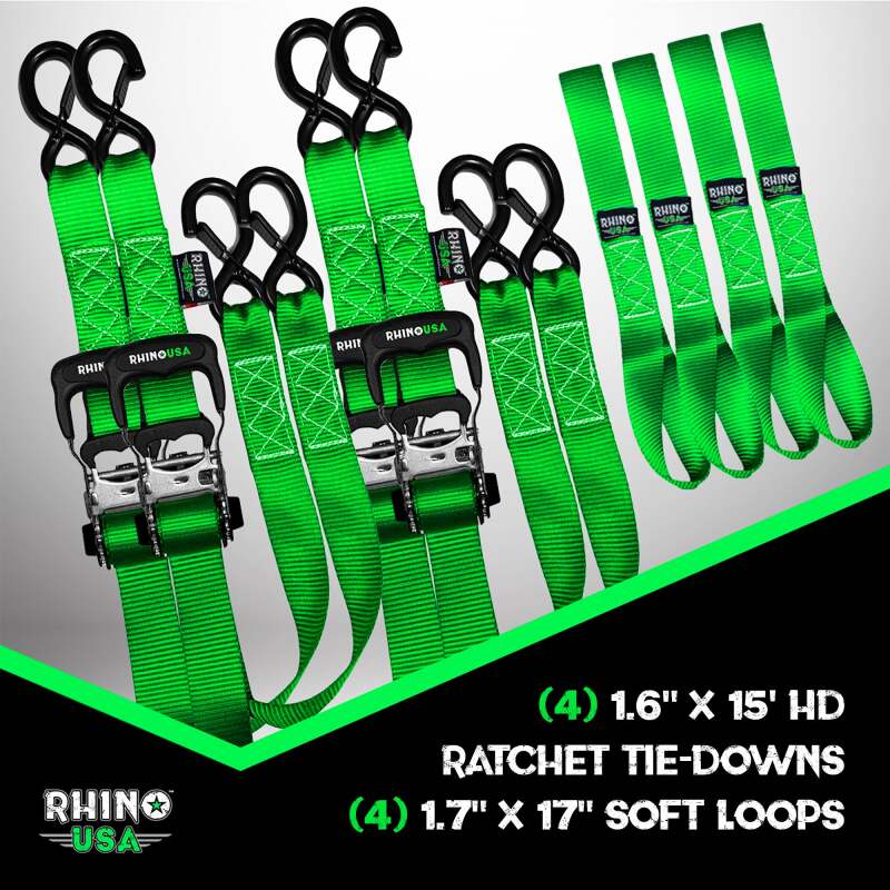 Rhino USA Heavy Duty Ratchet Tie-Down 4-Pack Green 1.6In X 15Ft - Image 4