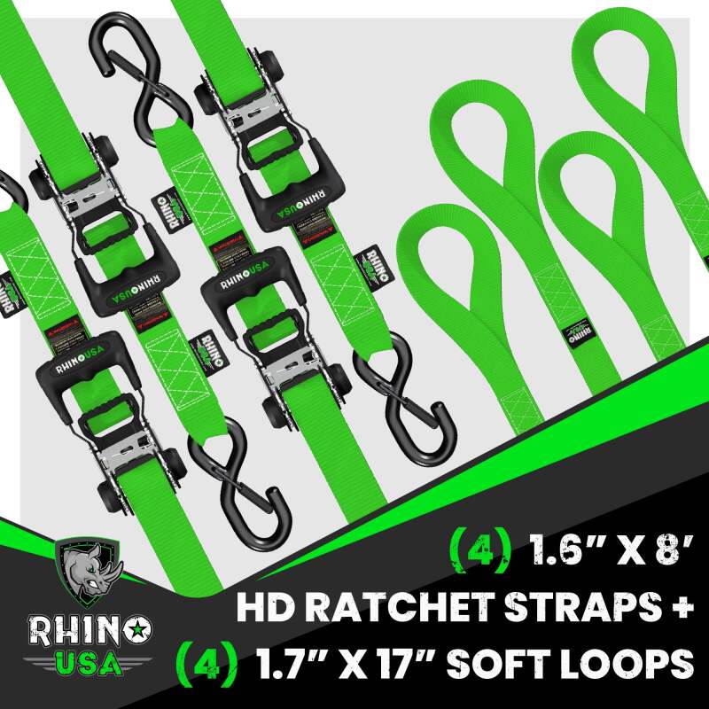 Rhino USA Heavy Duty Ratchet Tie-Down 4-Pack (Green) 1.6In X 8Ft - Image 6