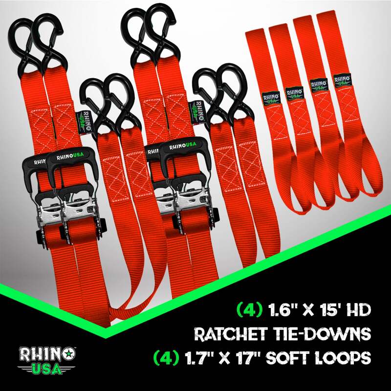 Rhino USA Heavy Duty Ratchet Tie-Down 4-Pack Red 1.6In X 15Ft - Image 5