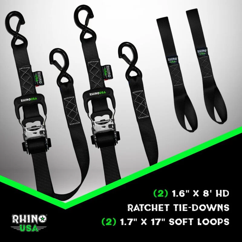 Rhino USA Heavy Duty Ratchet Tie-Downs 2-Pack (Black) 1.6In X 8Ft - Image 5