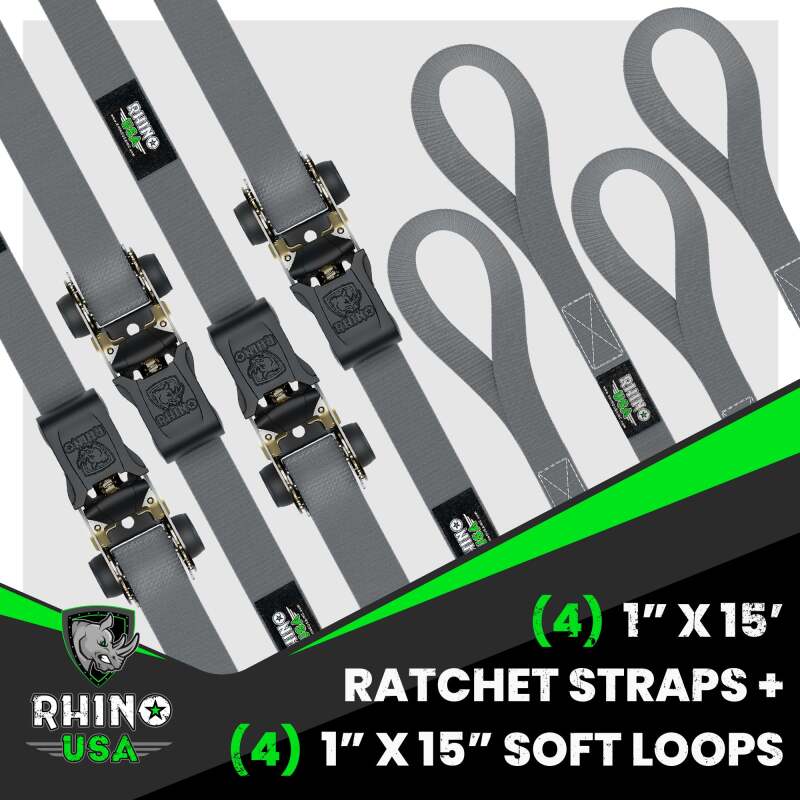 Rhino USA Medium Duty Ratchet Strap Tie-Down 4-Pack (Gray) - Image 3